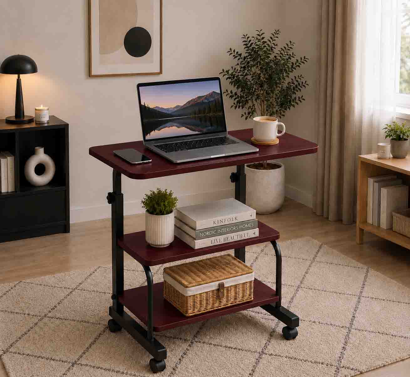 Double Layer Adjustable Table Brown With Black Stand